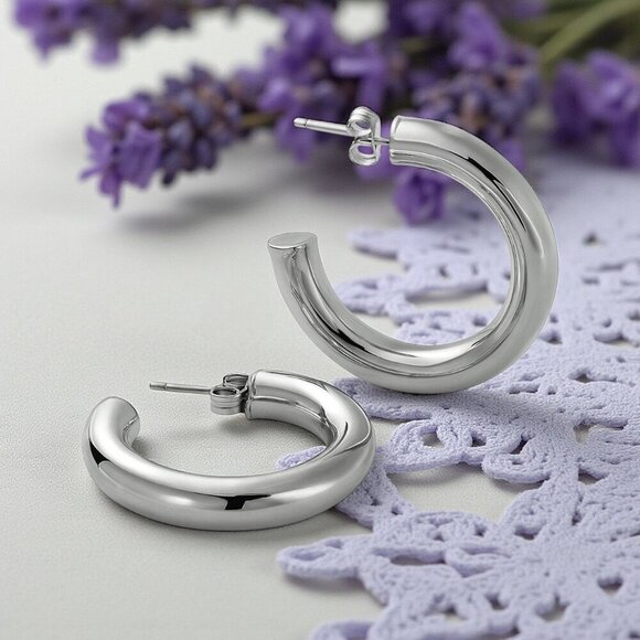 🆕️Chunky C Hoop Earrings 18K White Gold Plated Stainless Steel Minimalist - Picture 4 of 12